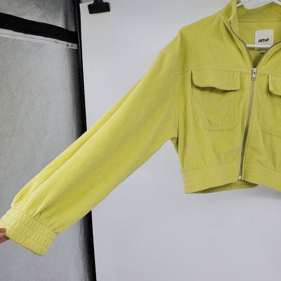 Aerie Zip Up Lime Corduroy Velour Cropped Long Sleeve Jacket Medium - Picture 6 of 8